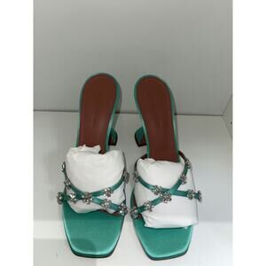 Amina Muaddi Green Satin Crystal Embellished Mules - Size 39